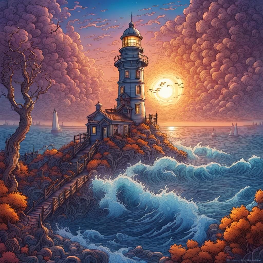 Chaotic Autumn Seascape: Lighthouse Line Art