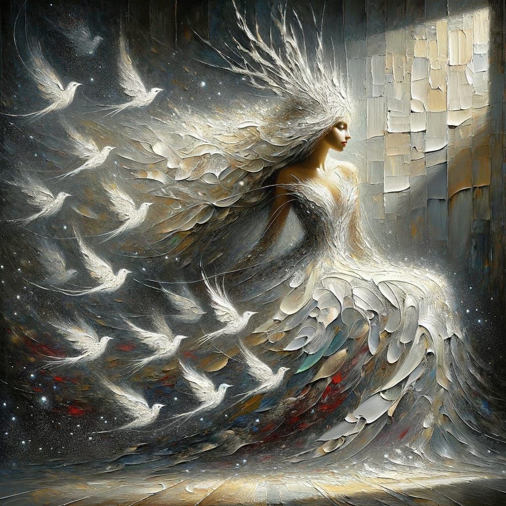 Norse Goddess in White Birds Outfit, Expressionist Oil Paint...