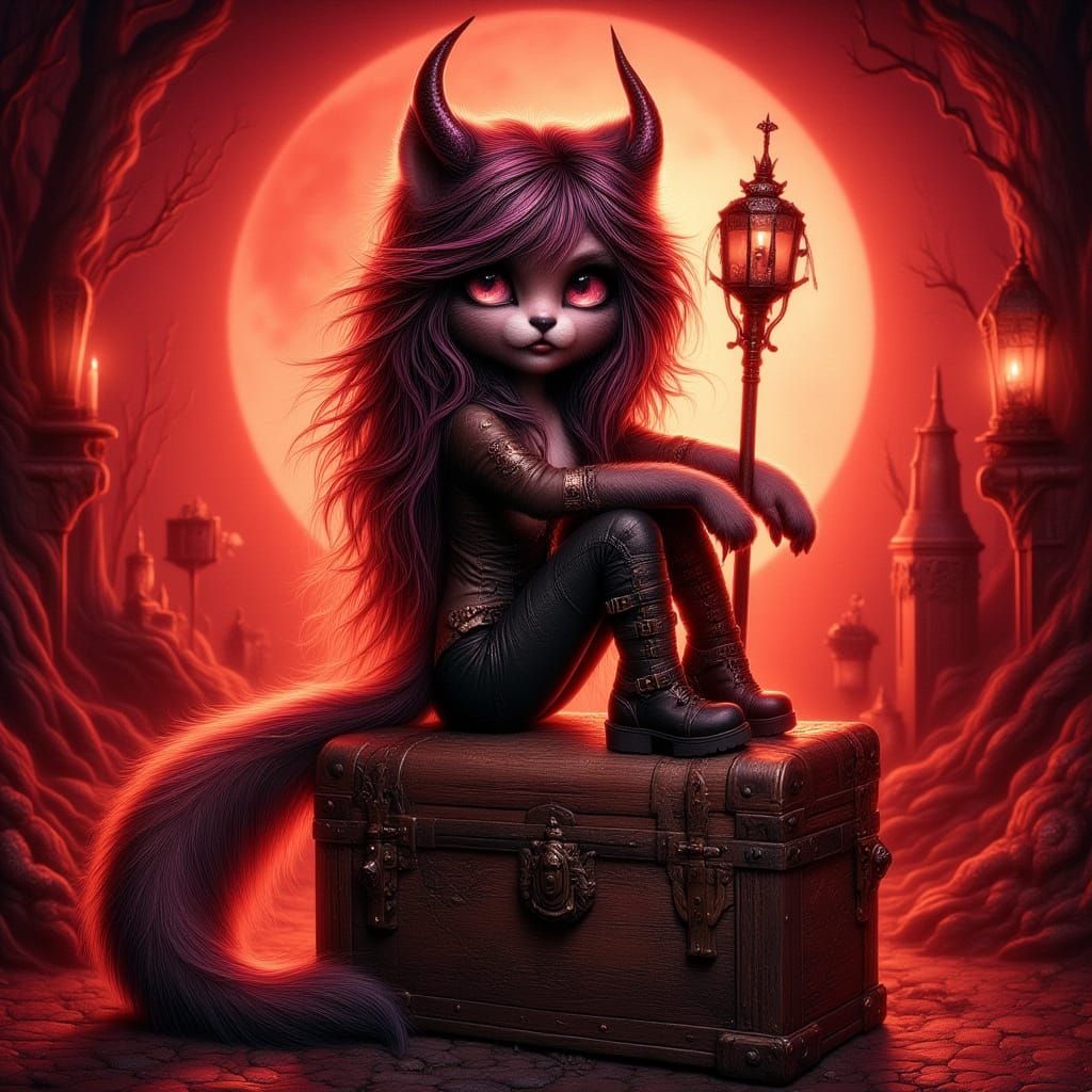 Goth Feline Demon in Crimson: Hyper-Realistic Art