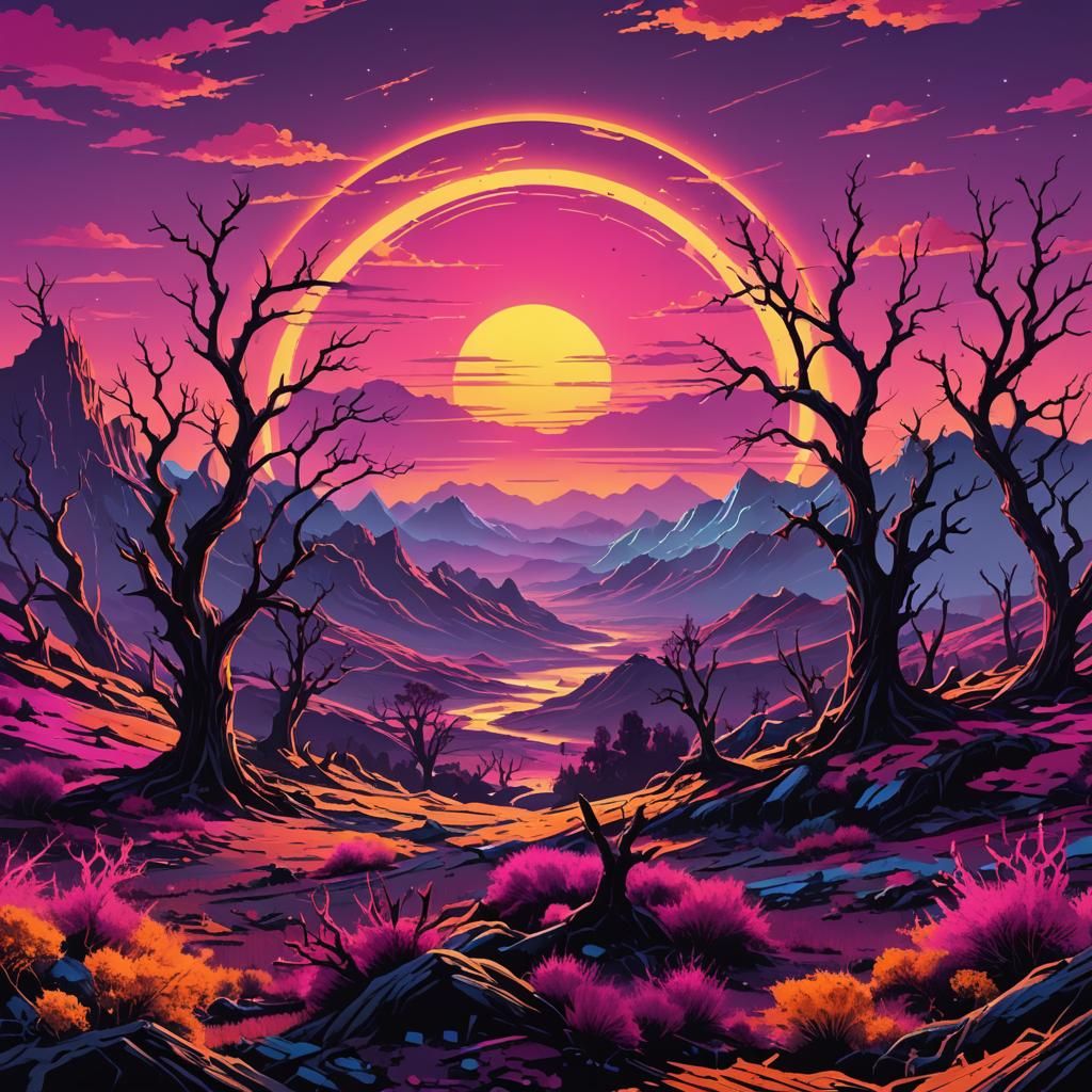 Vibrant Sunset on Alien Planet in Retro-Futuristic Style