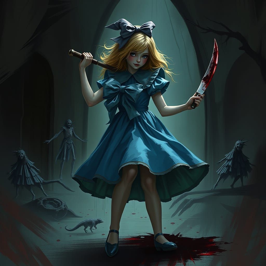 Eerie Gothic Alice with Bloody Knife, Inspired by Ash Thorp