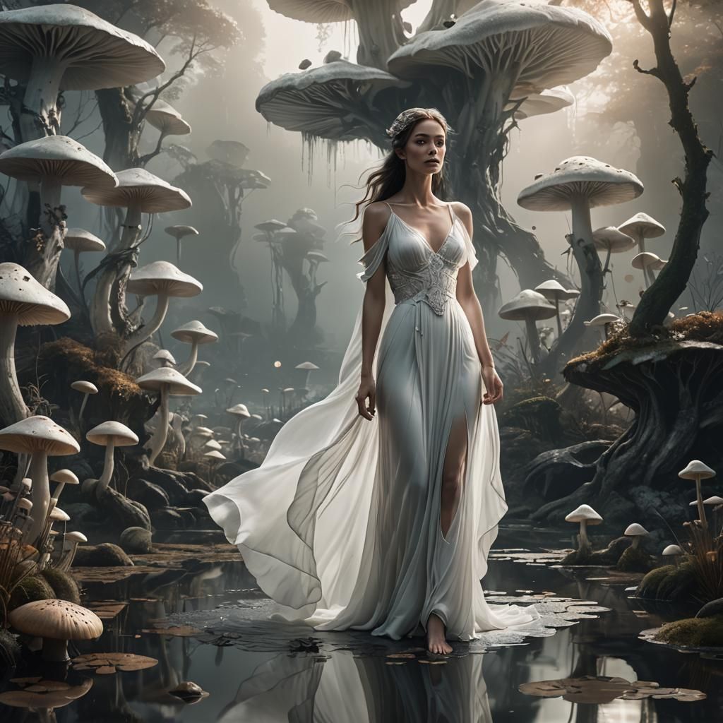 Woman Gazing at Giant Mushrooms in Surrealist Style