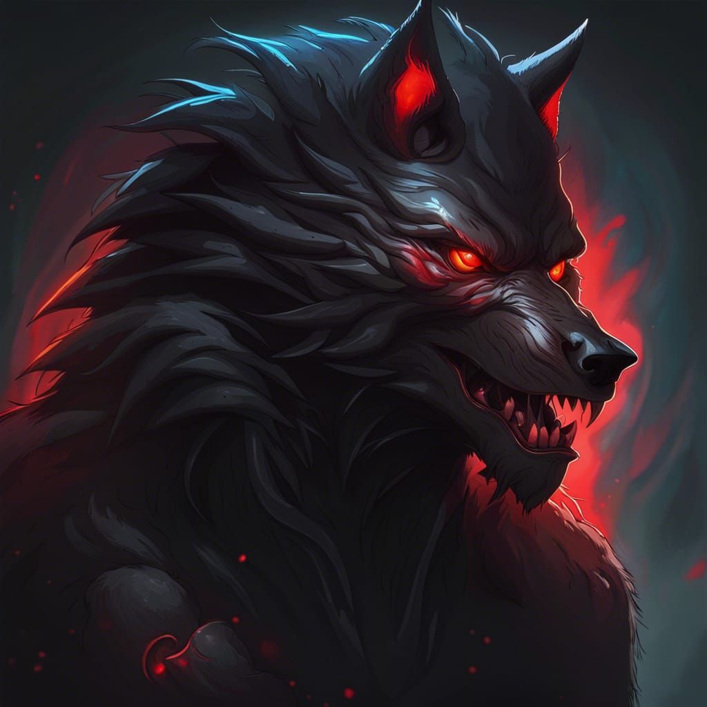 Black Werewolf Portrait with Glowing Red Eyes