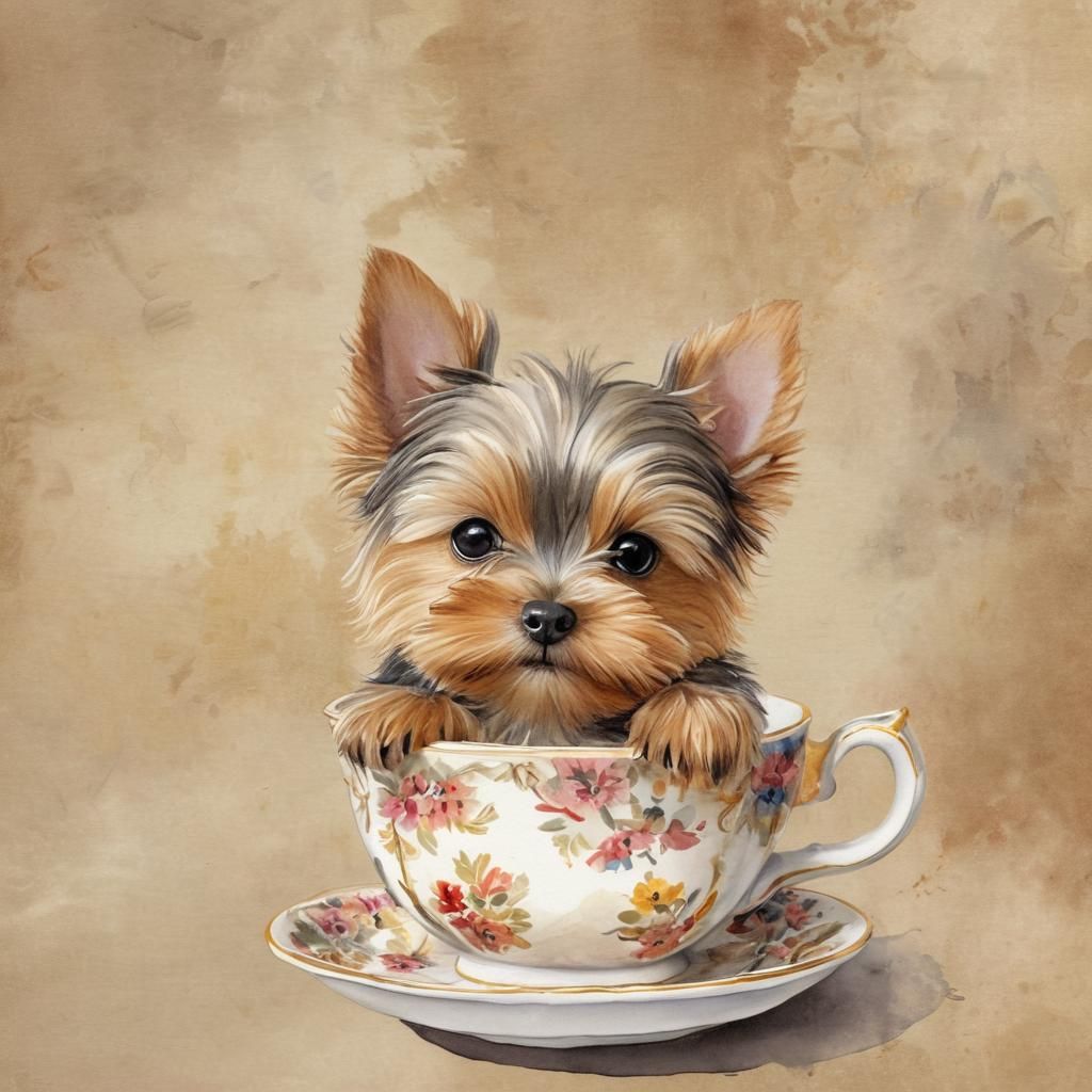 Yorkie Puppy Peeks Out of Teacup in Watercolor