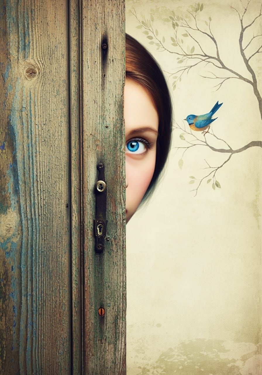 Young Woman Peeks from Behind Weathered Doorway in Dreamlike...