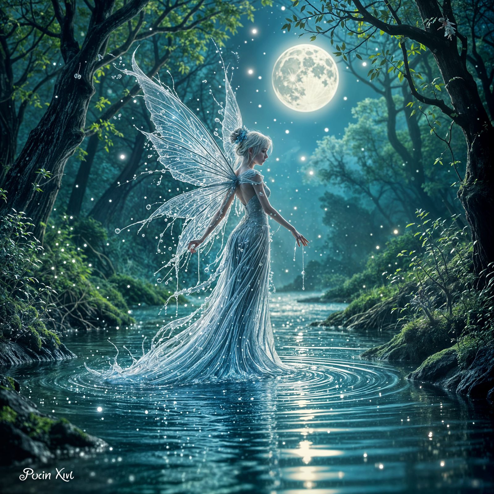 Water Fairy Rises From Enchanted River Under Moonlit Sky