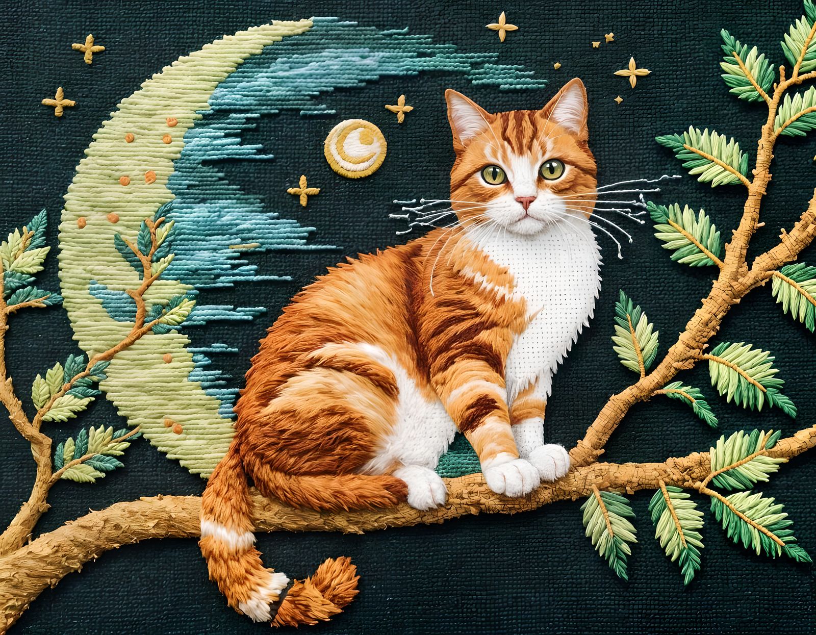 Ginger Cat in Tree: Cross-Stitch Embroidery Art