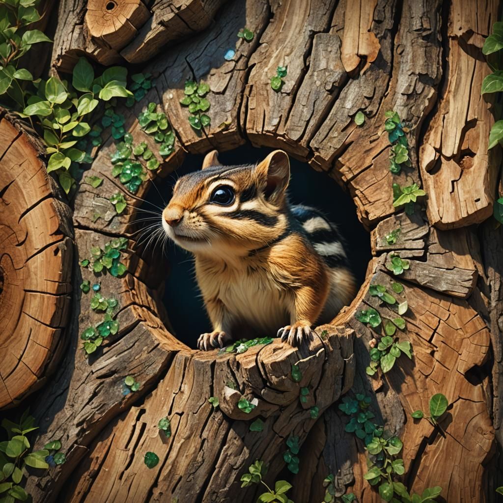 Fantasy Chipmunk Emerges from Log in Matte Painting