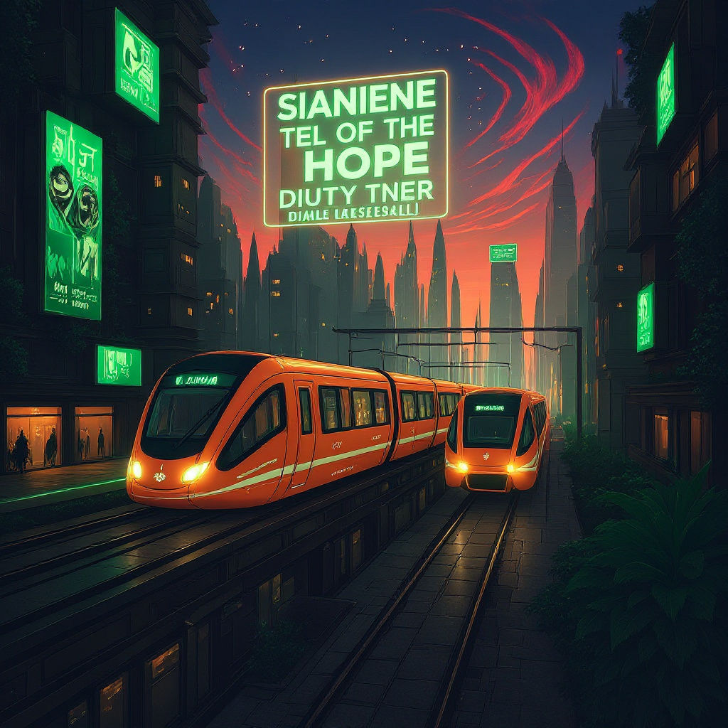 Futuristic Cityscape with Holographic Trains in Neon Lights