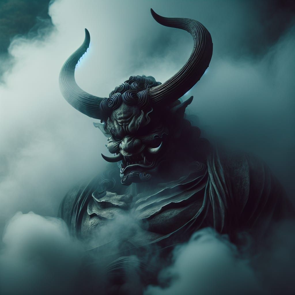 Mysterious Oni Figure Hidden in Foggy Landscape
