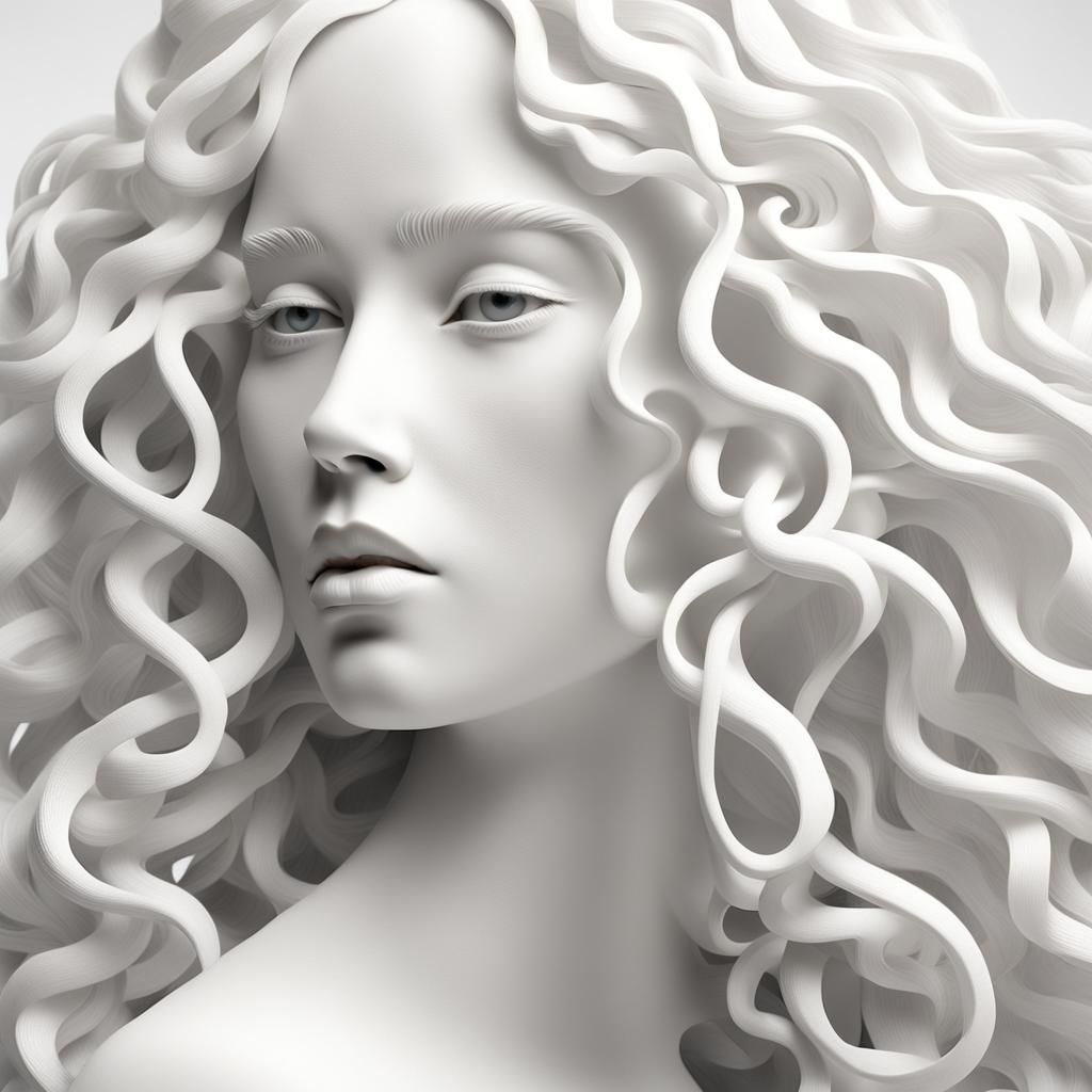 white study of female face with long curly white hair 3D sof...