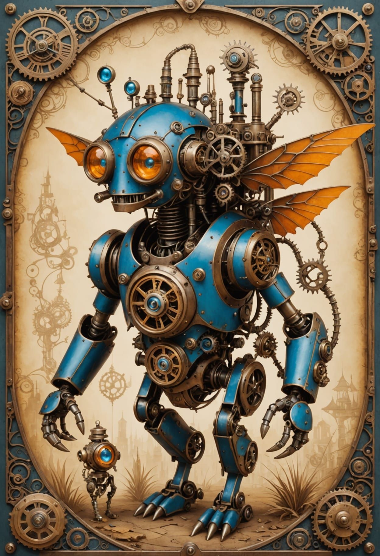 Steampunk Mechanical Creatures in Sepia and Blue