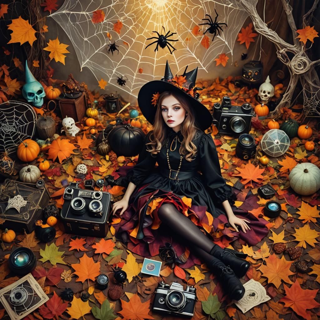 Girl in Witch Costume Surrounded by Autumn Leaves