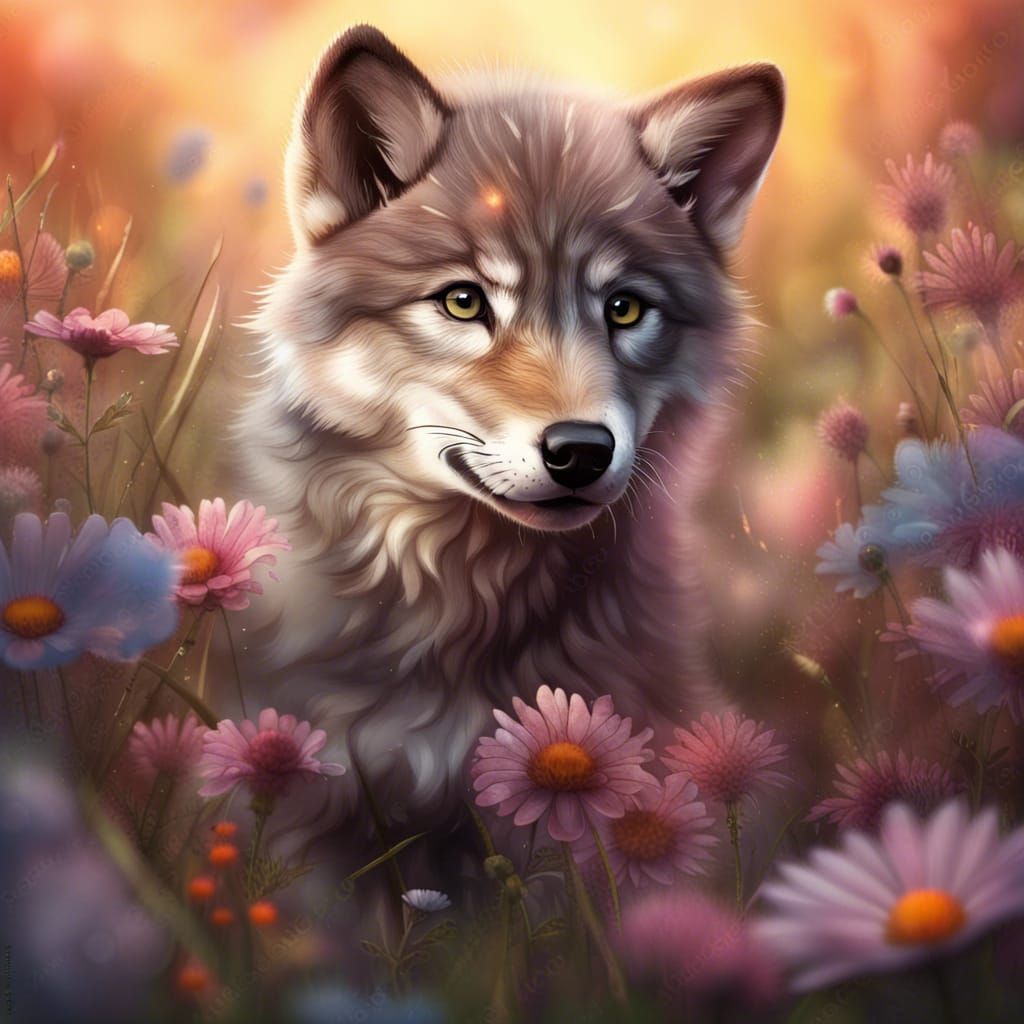 Adorable Wolf Cub in Sunrise Meadow: Hyperrealistic Wildlife