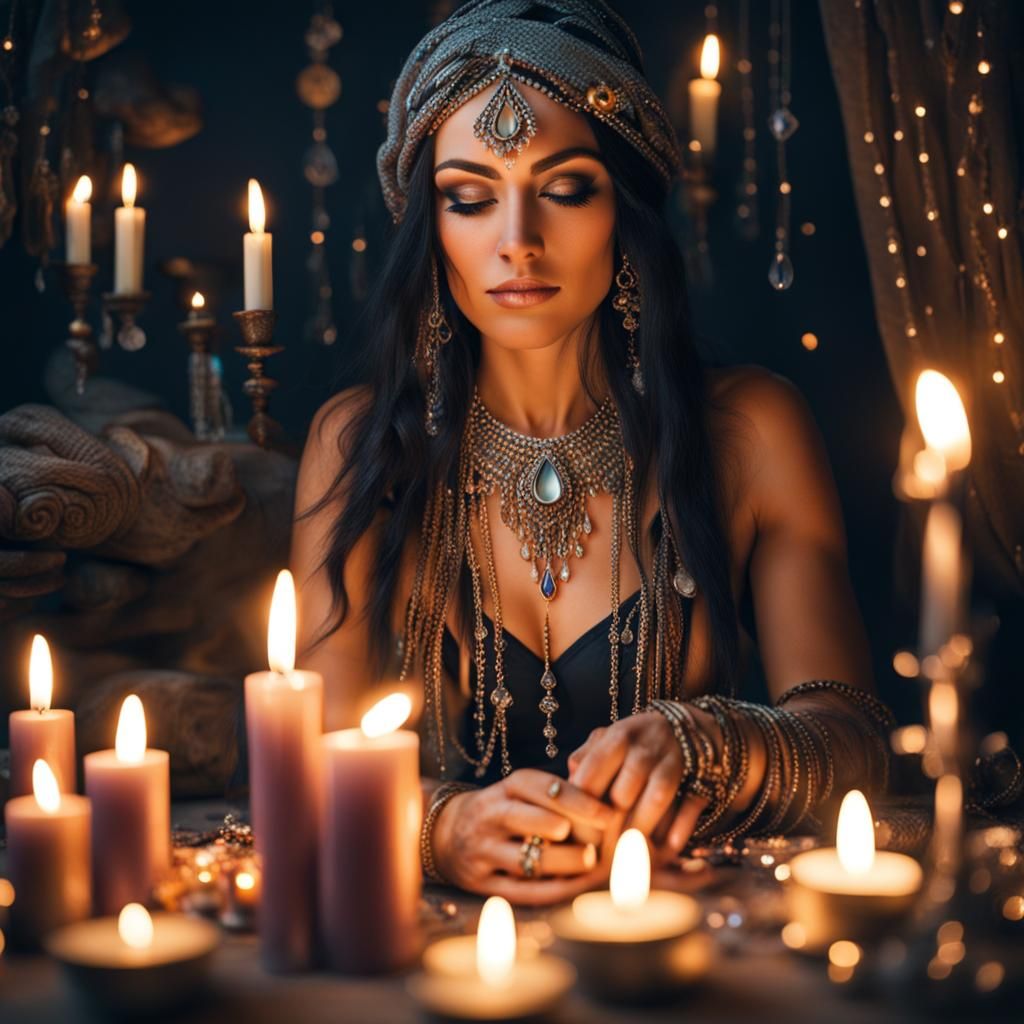 Mystical Gypsy with Candles and Crystals
