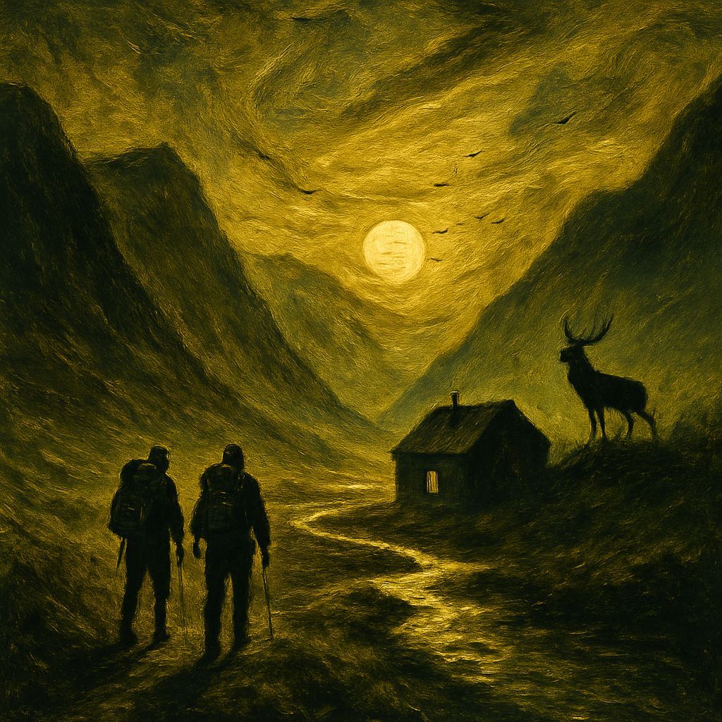 Highland Hikers Hut Watched by Stag, in Romantic Goth Style