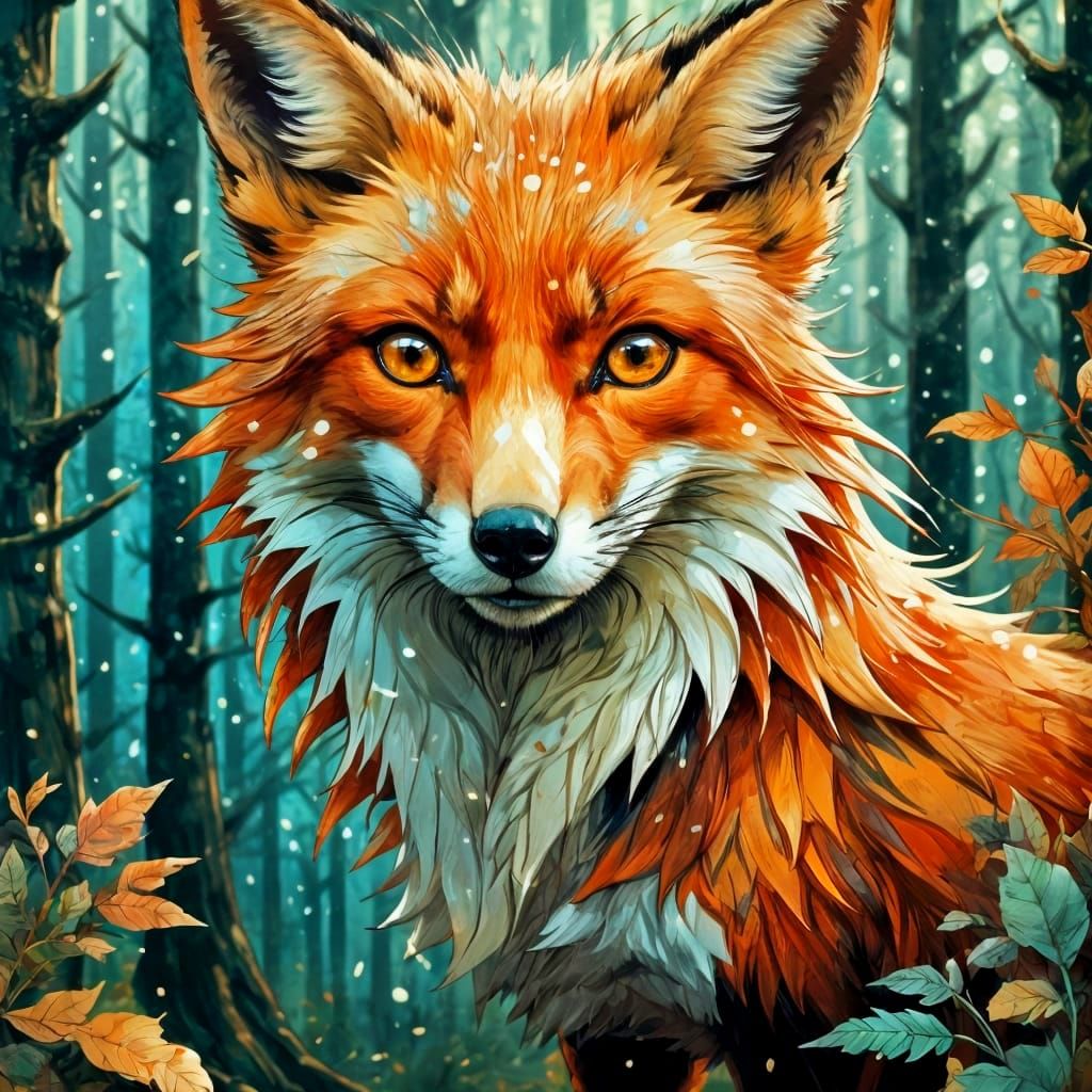 Red Fox Close-Up in Forest, Masterpiece Digital Painting
