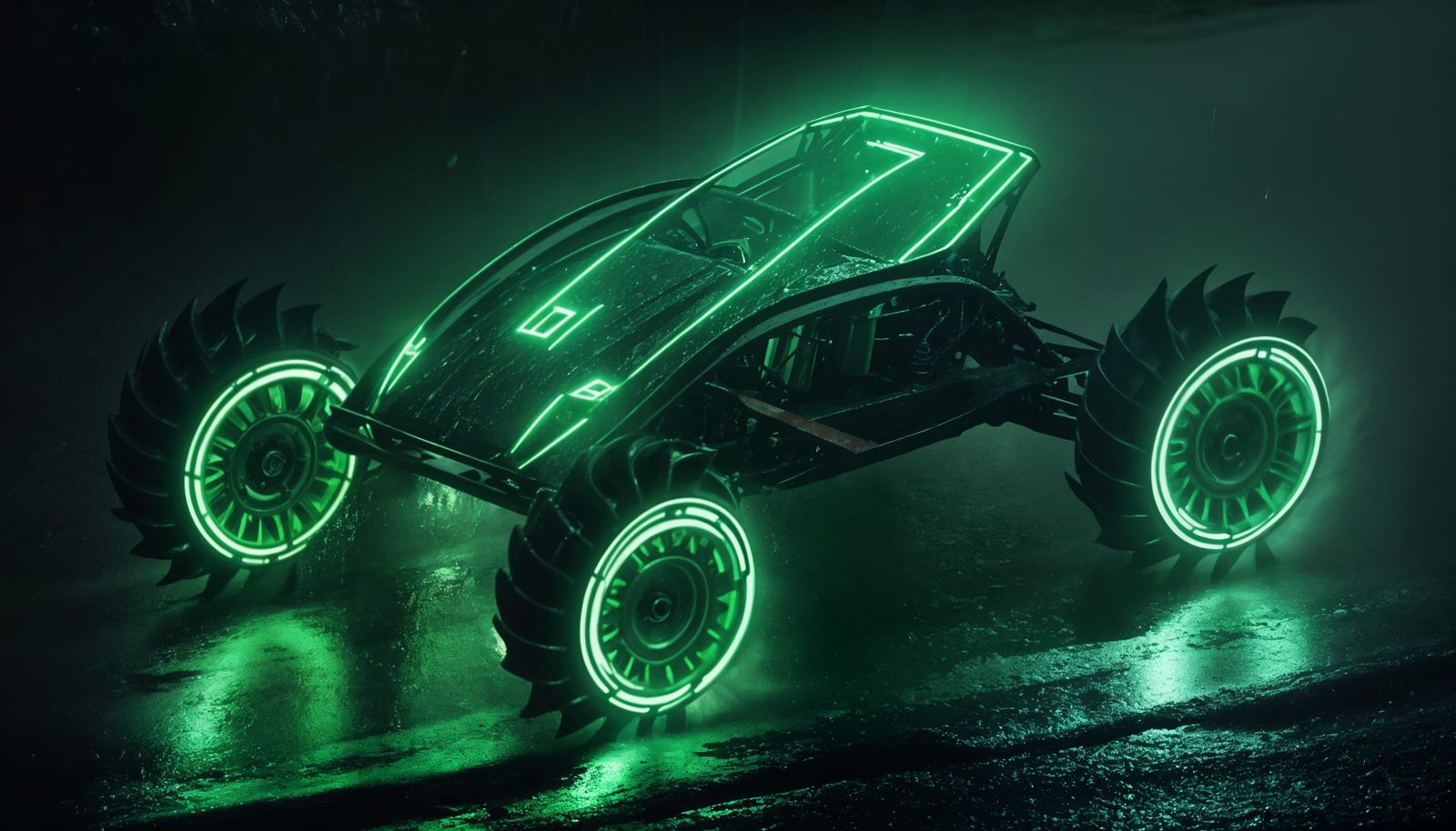 Off-Road Race Car with Flaming Wheels on Rainy Road