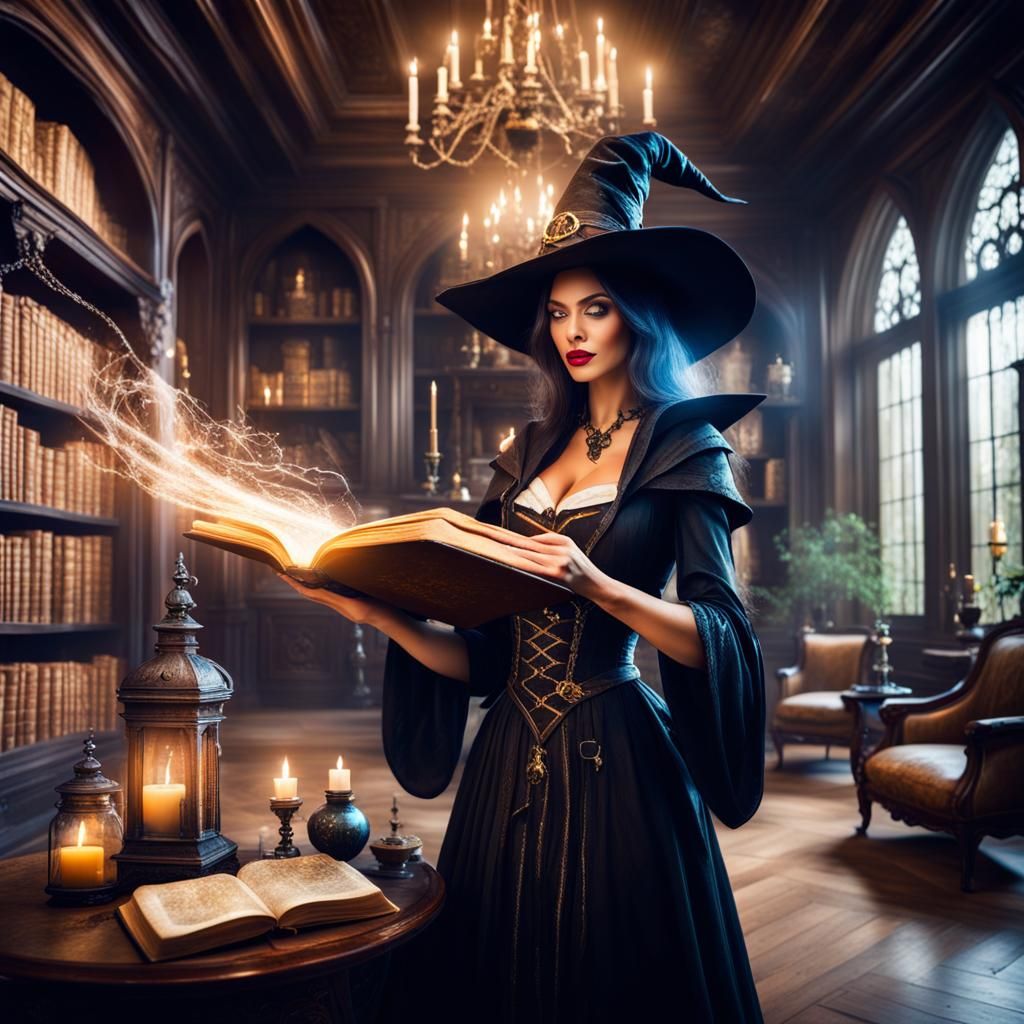 Sorceress Casting Magic Spell in Mansion