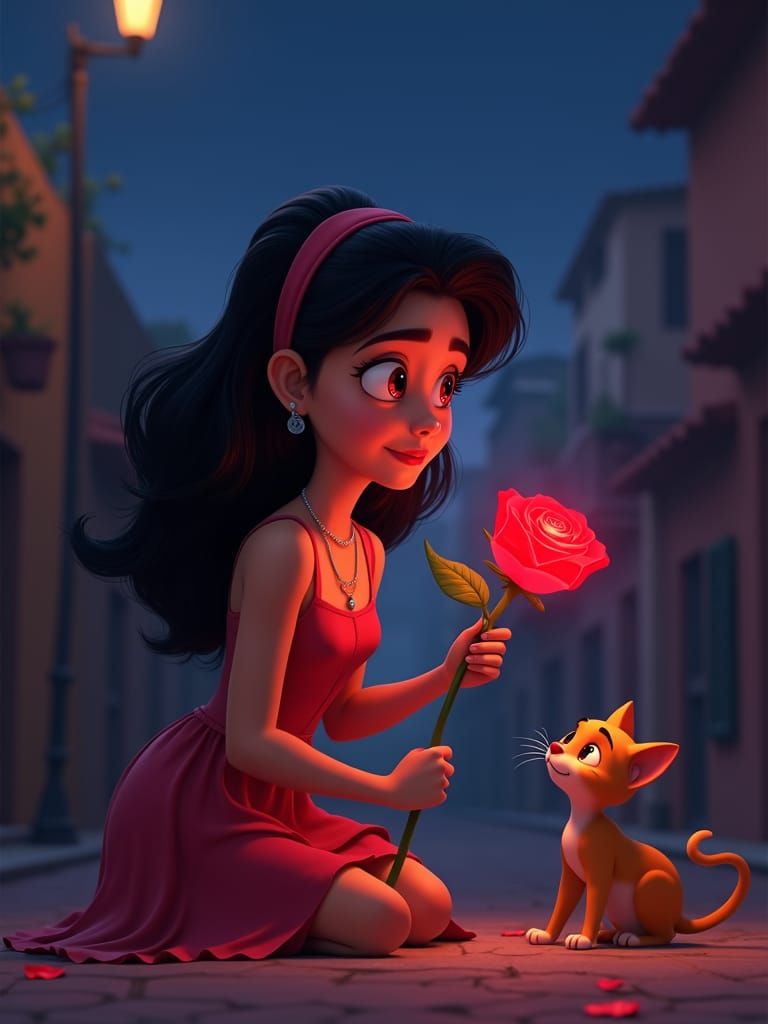 Woman with Glowing Rose: Pixar Animation Still
