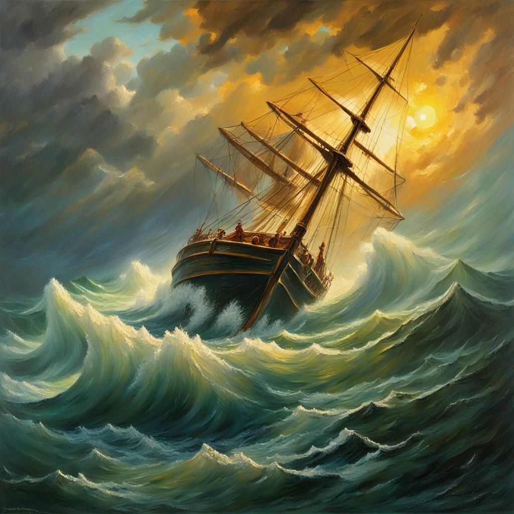 Sailboat in Stormy Sea: Impressionistic Oil Painting