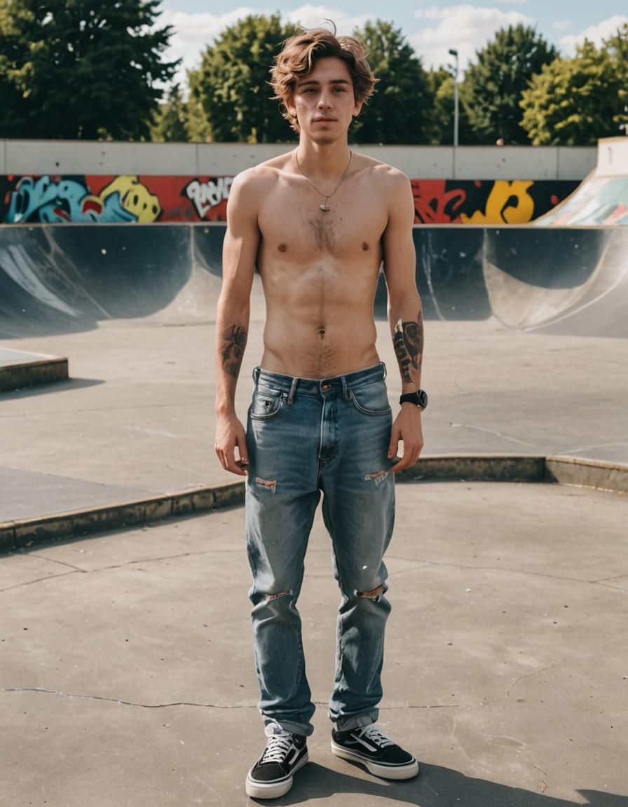 Shirtless Skater at the Skate Park on Sunny Day
