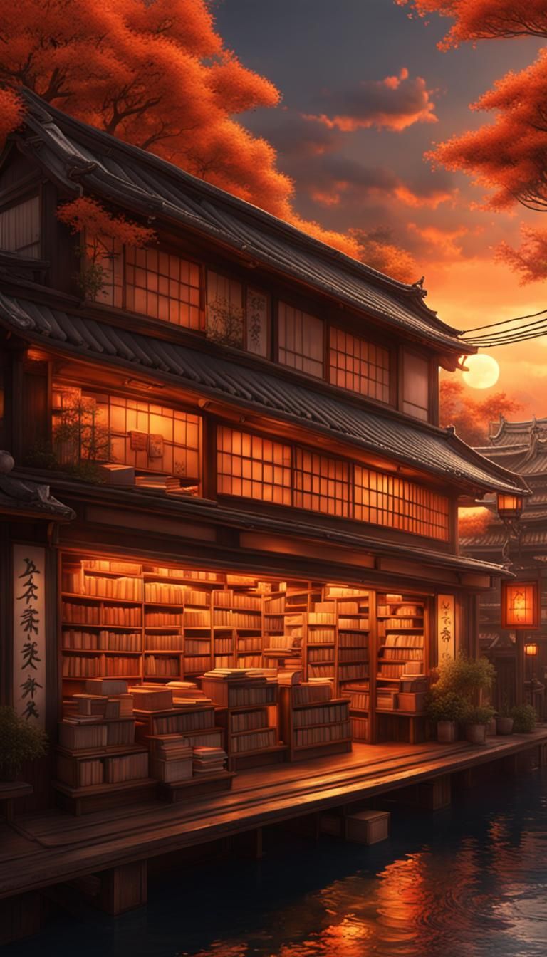 Sunset Over Japanese Bookstore with Bonsai