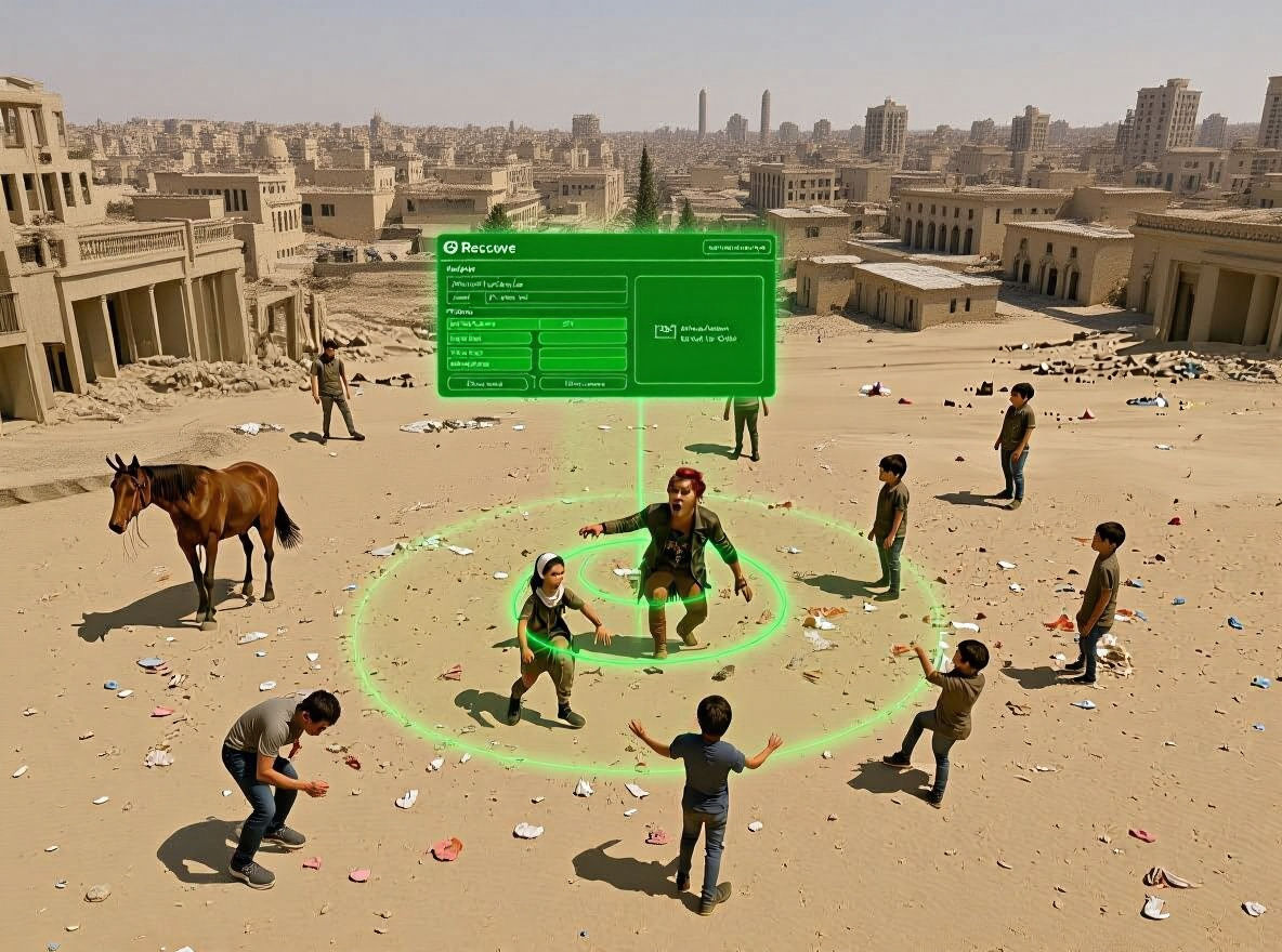 Dystopian Woman and Drones in Post-Apocalyptic Cityscape