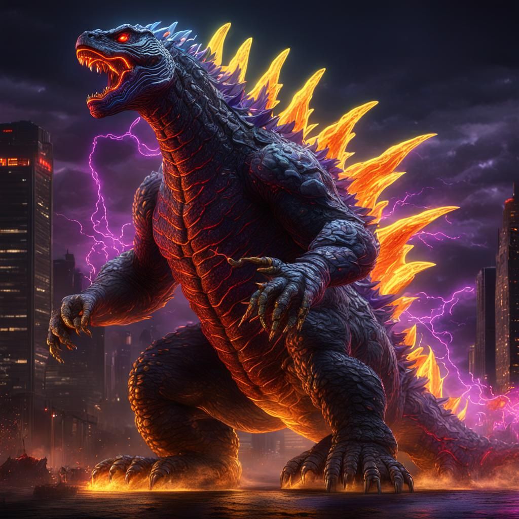 Godzilla with Neon Veins and Chrome Scales