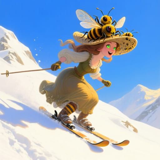 Woman on Skis with Live Bee Hat in Golden Hour Light
