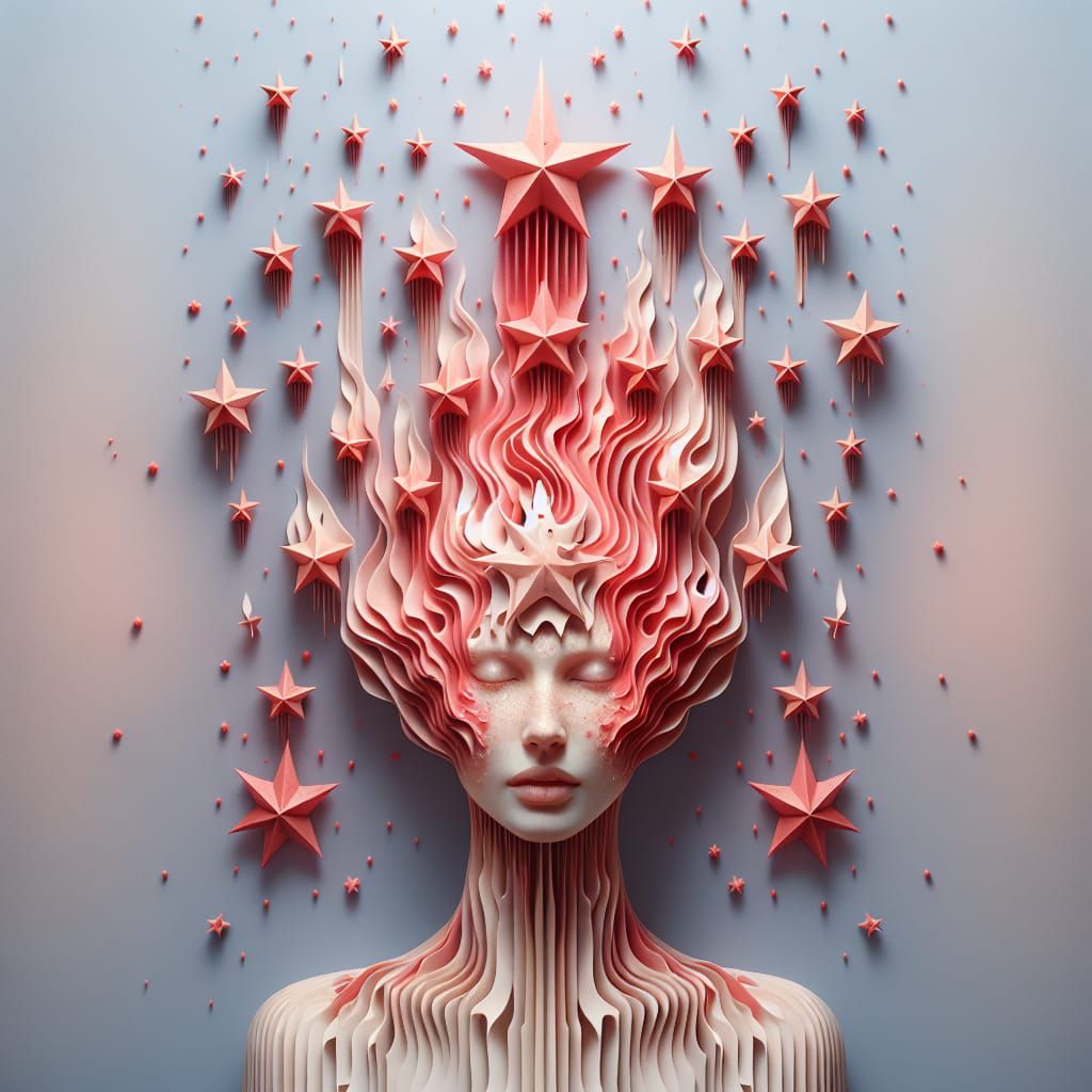 Ethereal Origami Portrait of Woman with Melting Stars