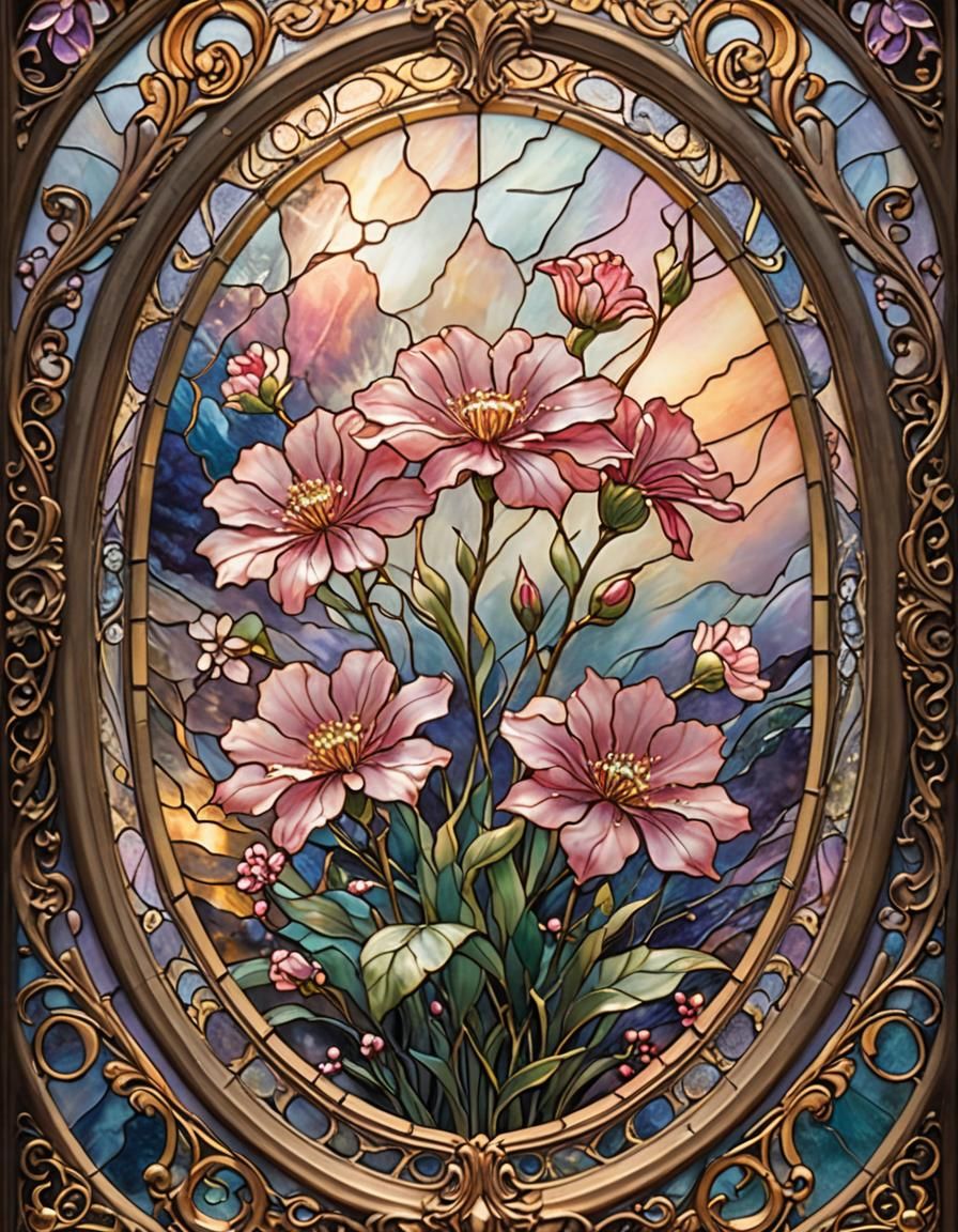 Pink Flower Stained Glass Art in Oval Frame