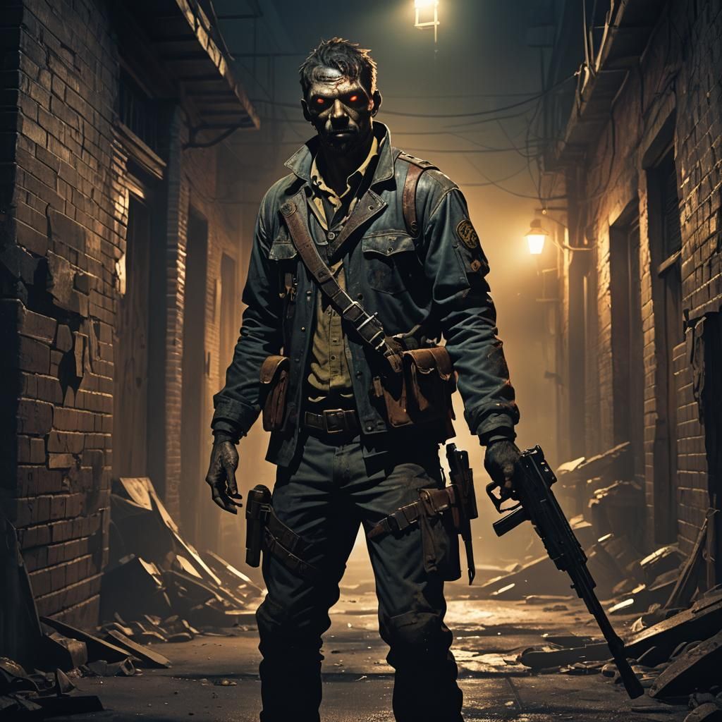Zombie Hunter in Dark Fantasy Alleyway