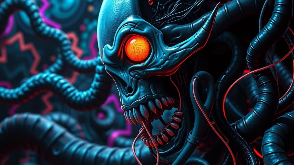 Neon Biomechanical Mural in Grotesque Style