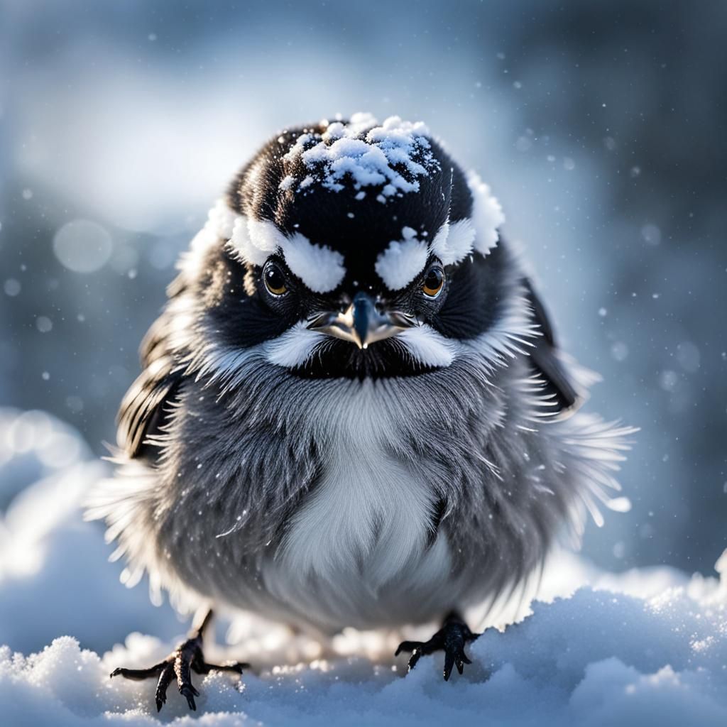 Baby Chickadee Portrait in Snow, Hyperrealistic HDR