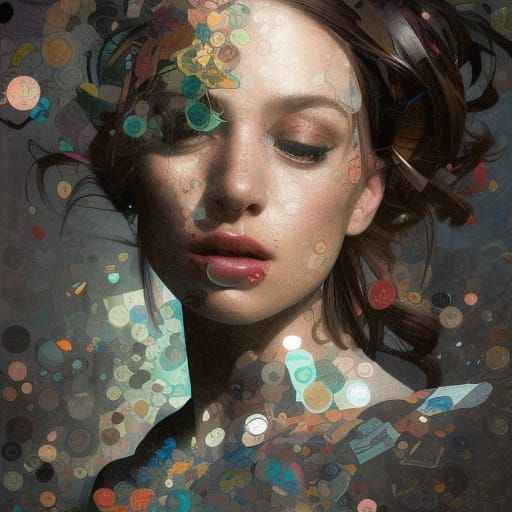 Detailed Newspaper Collage Portrait in Art Nouveau Style