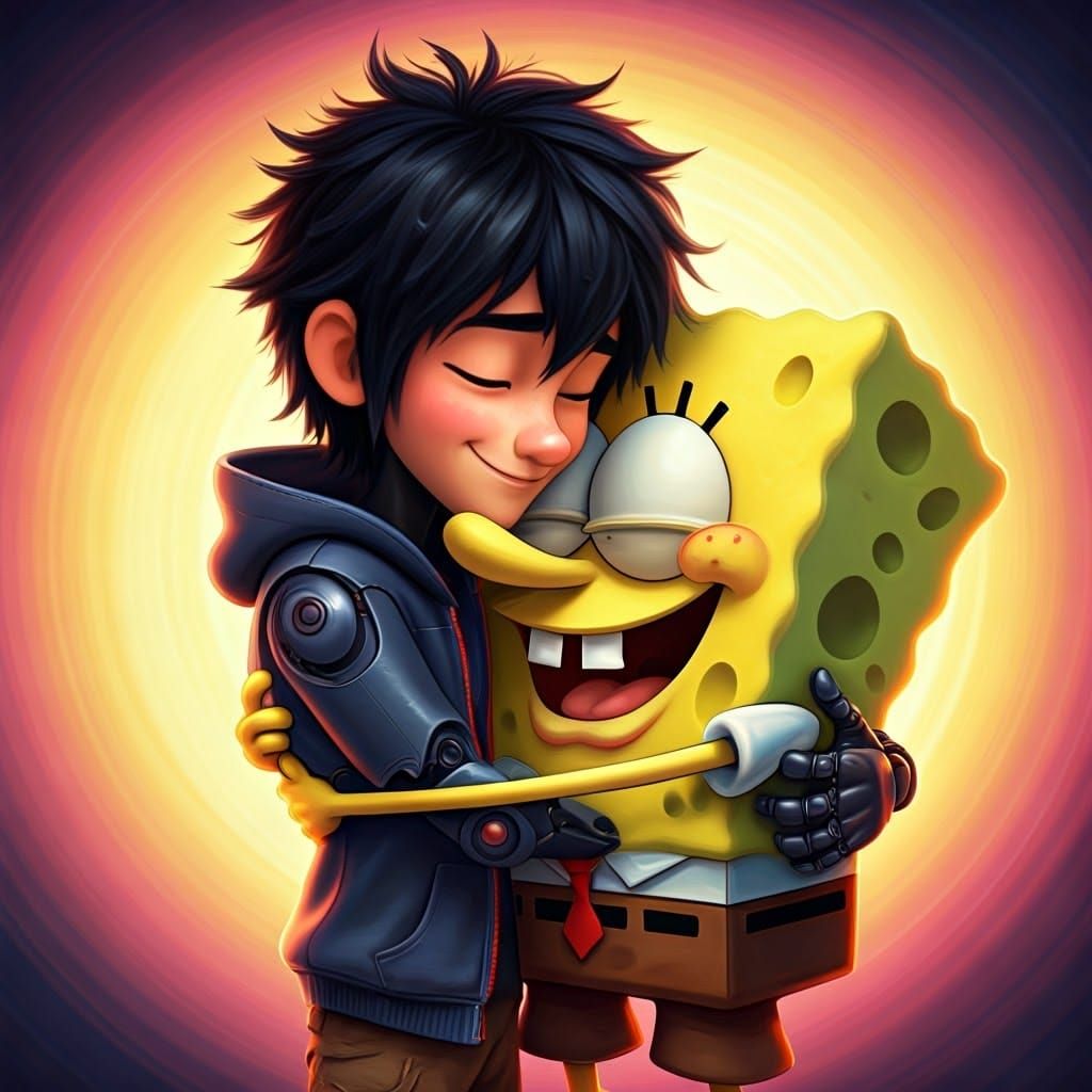 Hiro and SpongeBob's Heartwarming Reunion in Digital Art