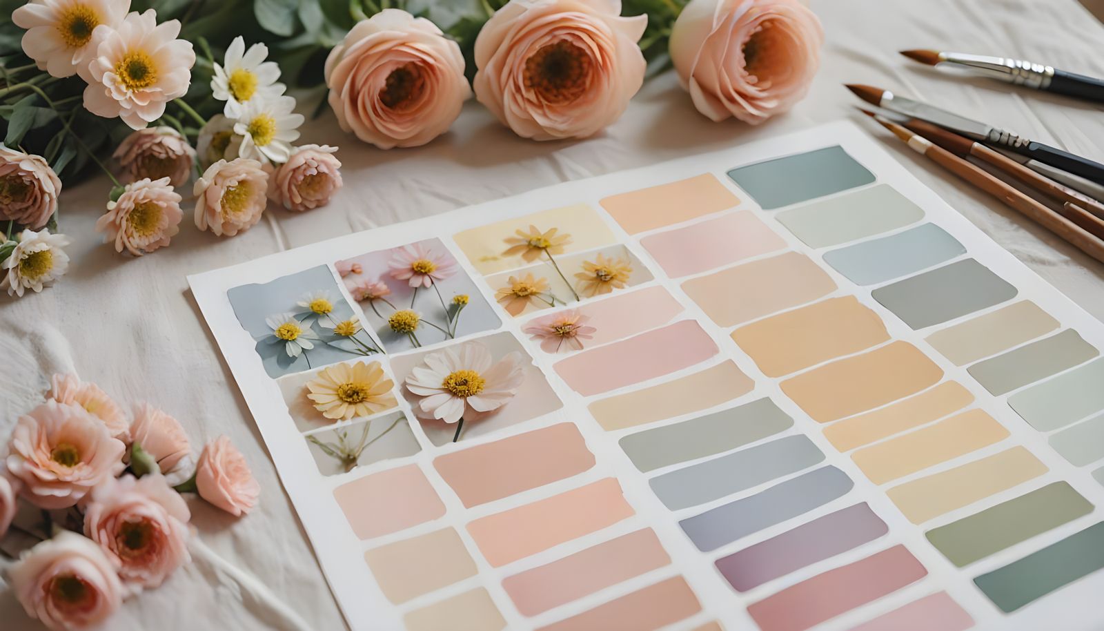 Pastel Paint Swatches and Flowers Flatlay