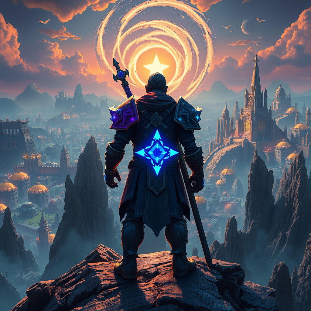 Celestial Warrior Gazes Upon Dreamlike Cityscape