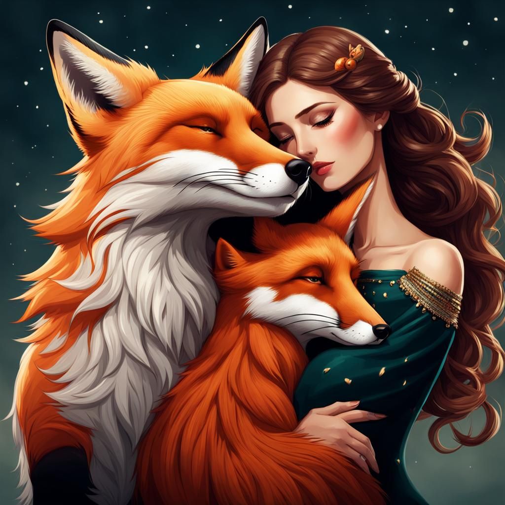 Fox Comforts Crying Woman: Digital Art