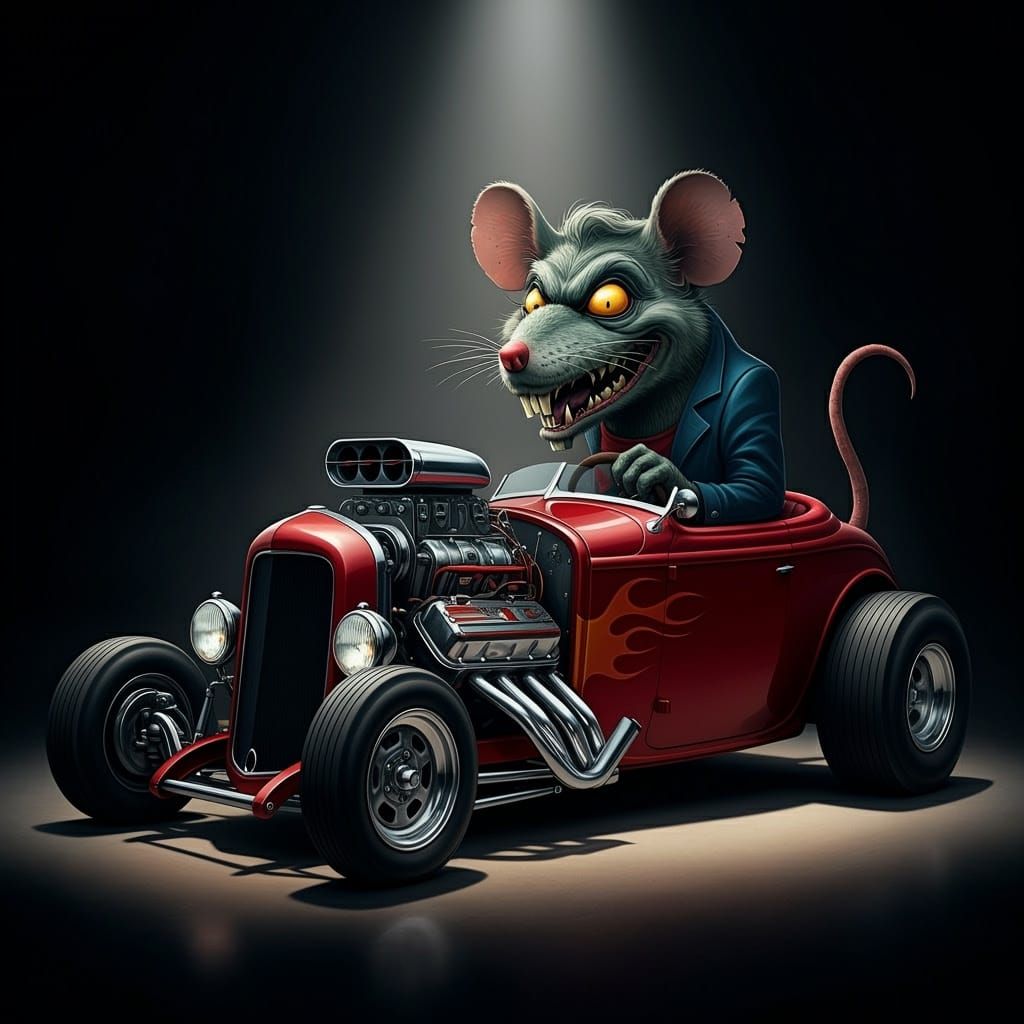 Ed Roth-Inspired Hotrod Ratfink Cat in Dark, High-Contrast E...