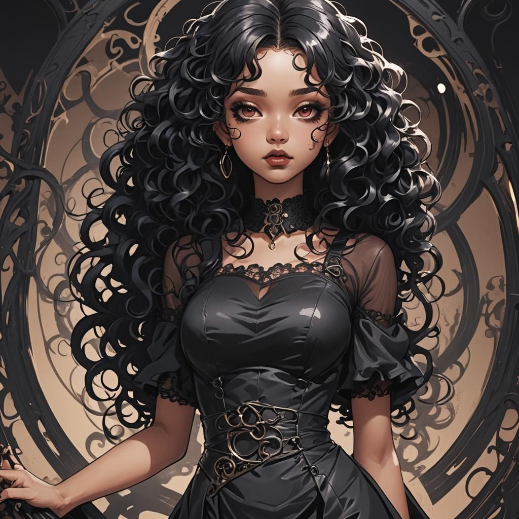 Gothic Teenage Girl with Corkscrew Curls, Cel-Shaded Manga
