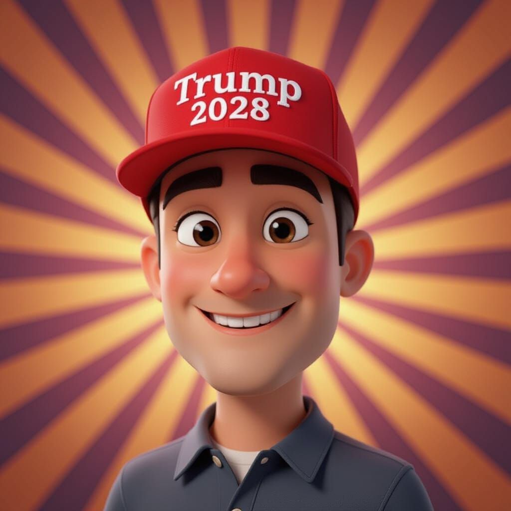 Charlie Kirk in Pixar Style with Trump 2028 Cap