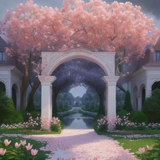 Magnolia Tree with Roses and Pond: Digital Painting