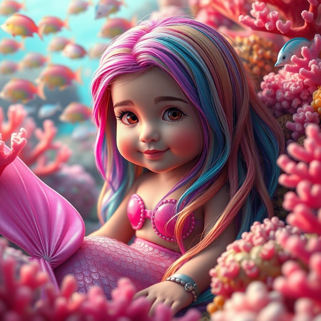 Toddler Mermaid with Rainbow Hair in Coral Reef