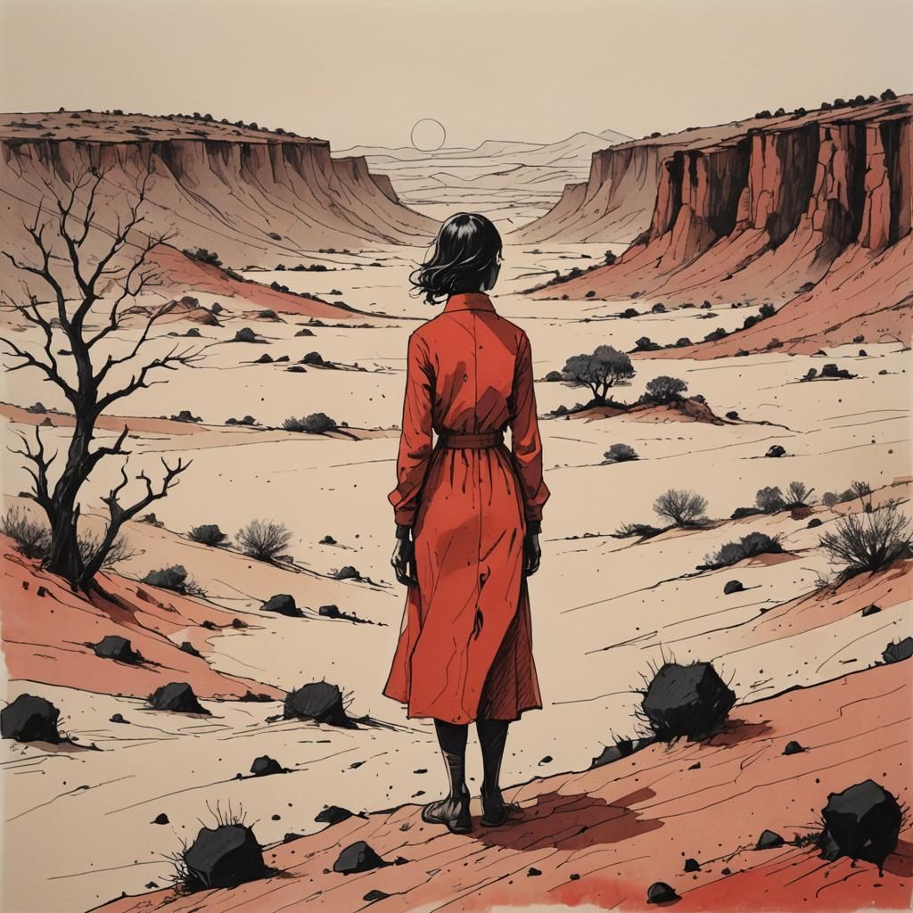 Surreal Red Wilderness: Pen and Ink Drawing