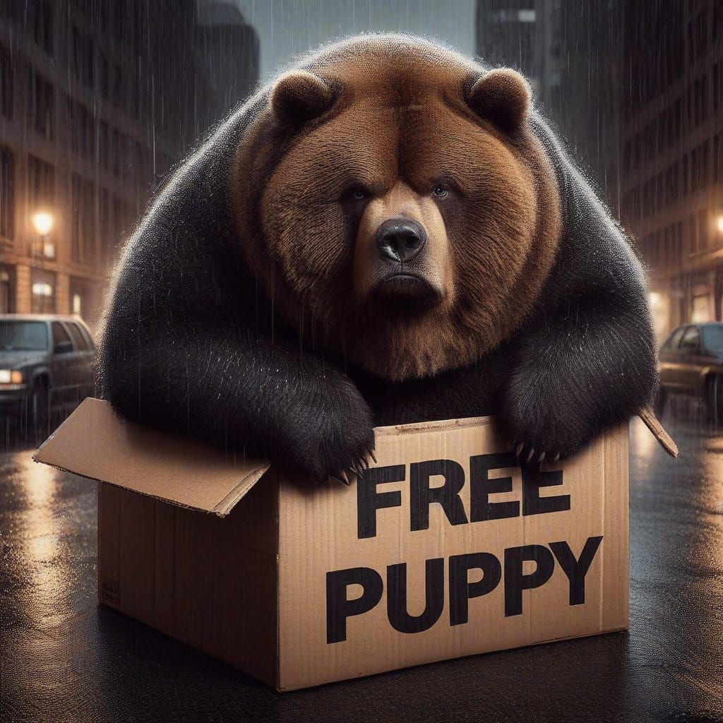 Angry Kodiak Bear in a Cardboard Box on a Rainy City Street
