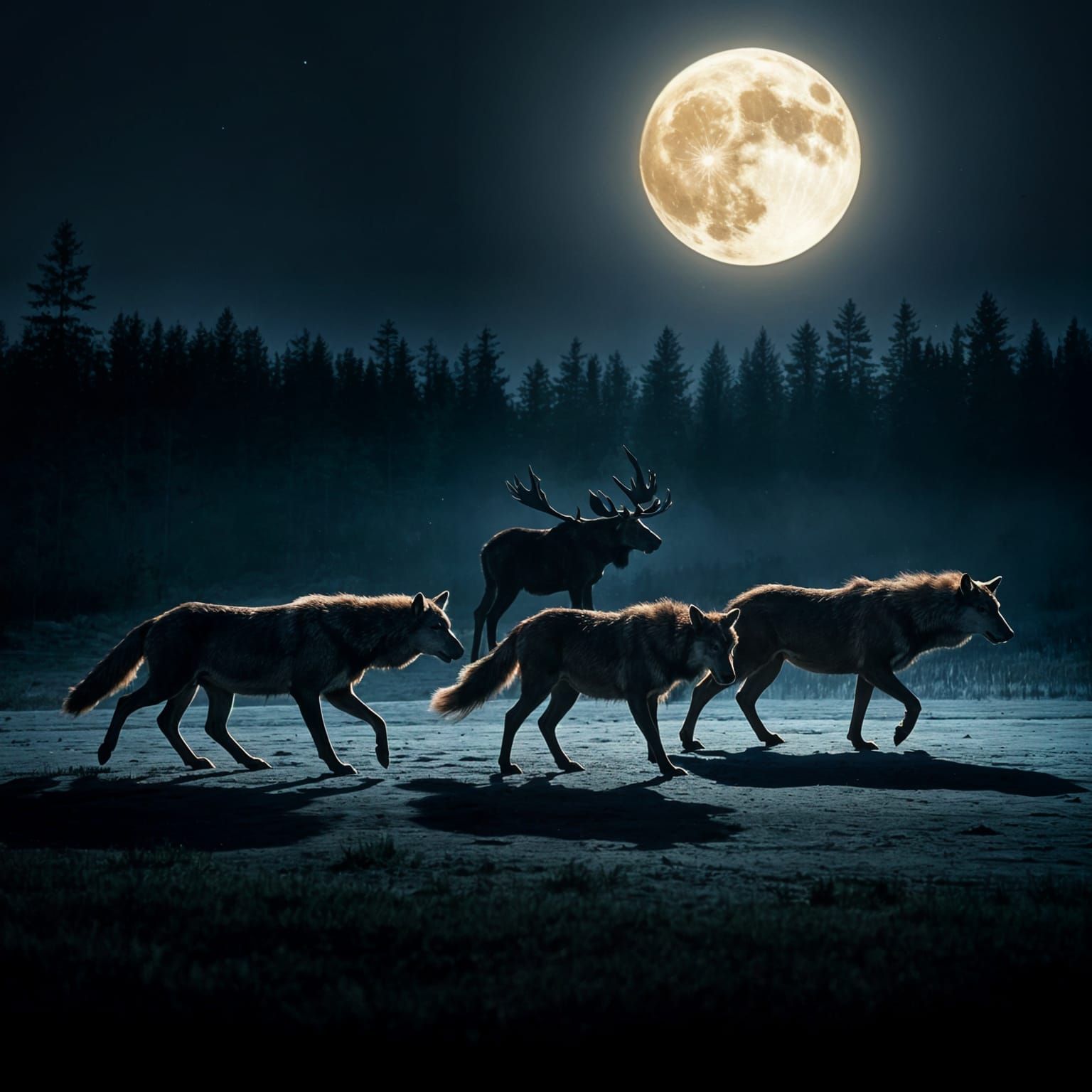 Wolves Stalk Moose Under Moonlight
