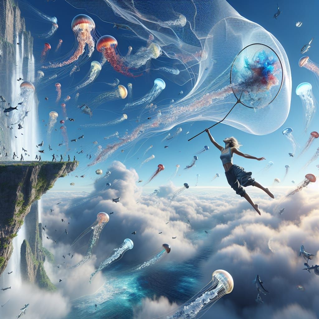 Surreal Woman Catches Flying Jellyfish with Net