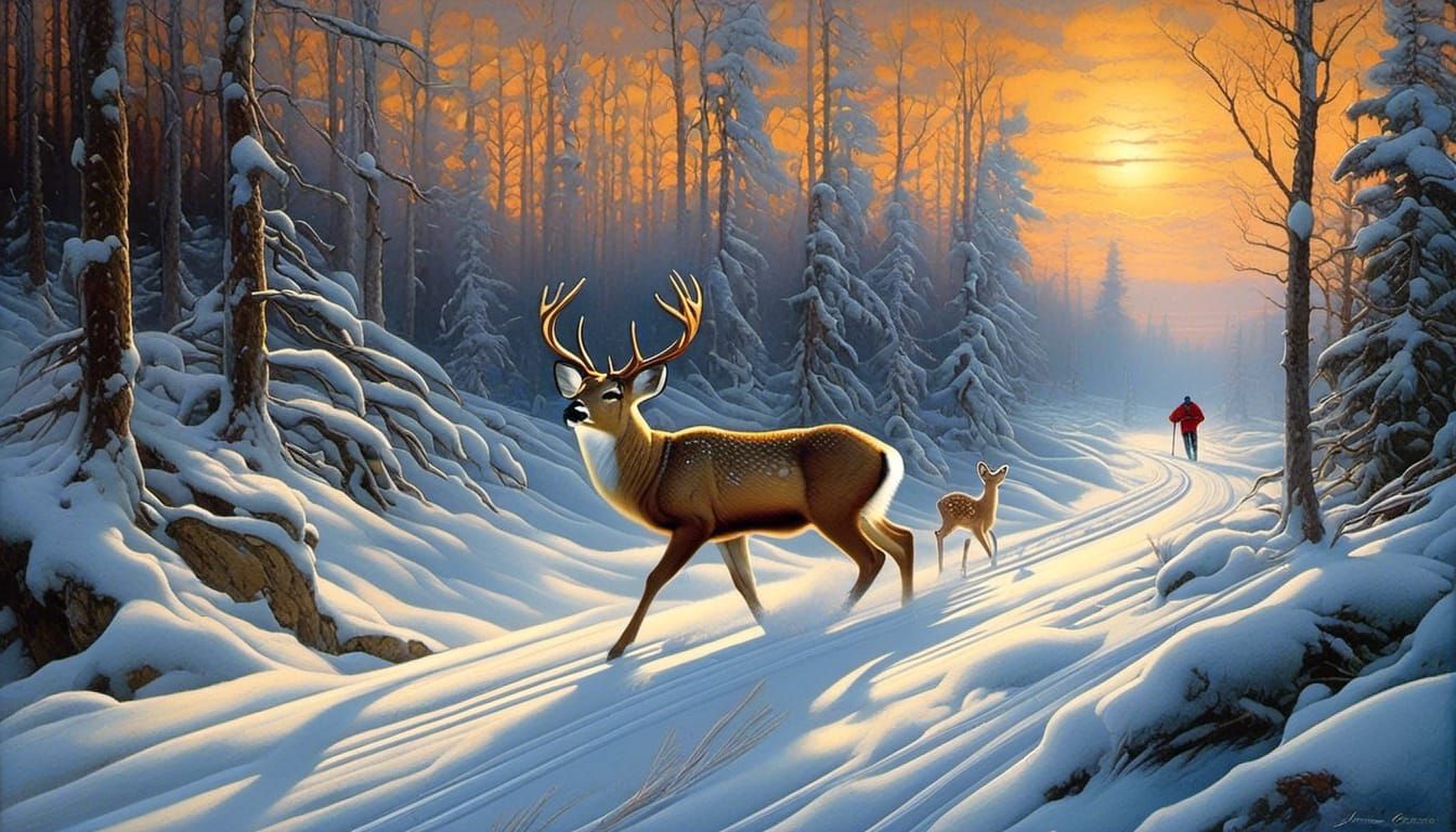 Cross-Country Skier and Fawn: Oil Painting